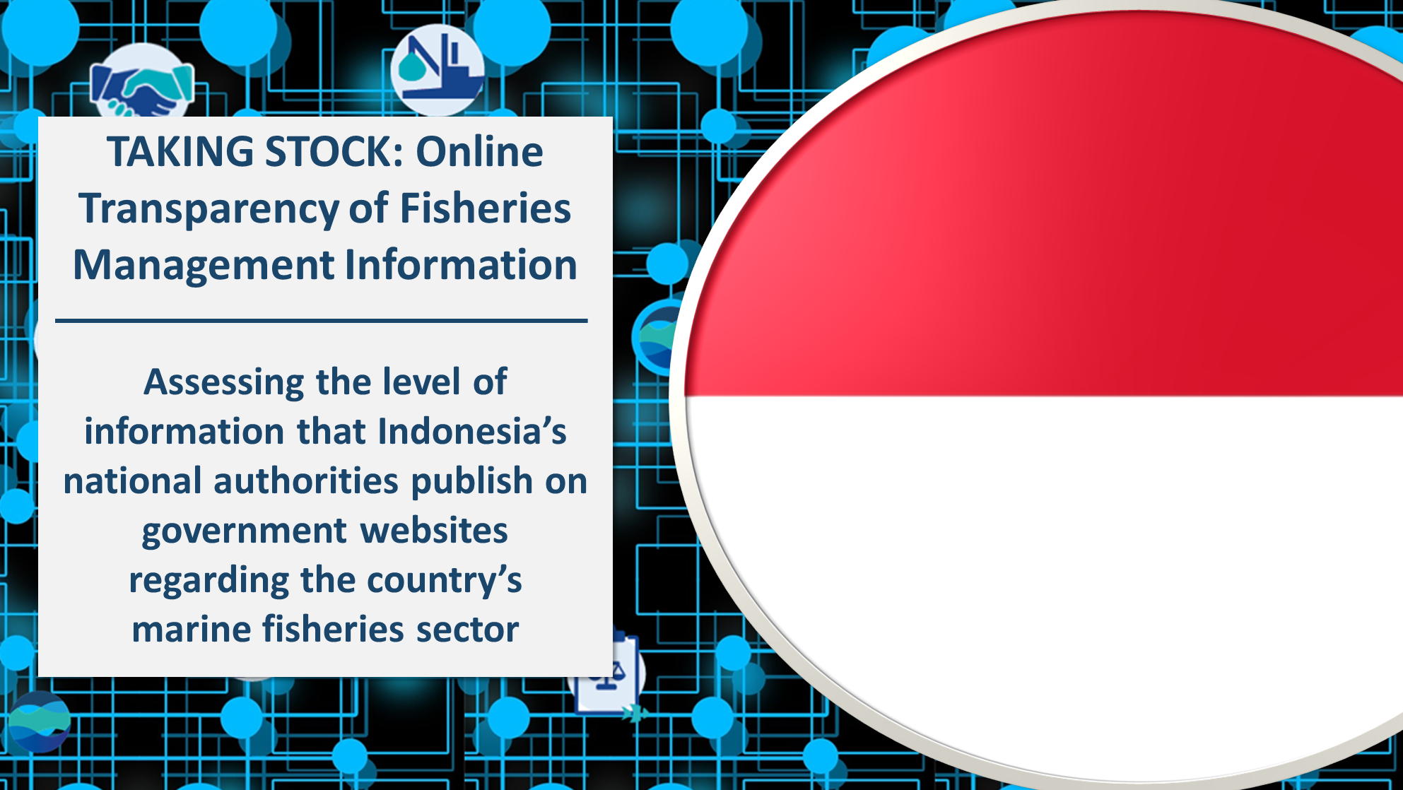 A text box and the Indonesia flag cropped to a circle, all resting on a background of blue connected dots. The text title reads "TAKING STOCK:Online Transparency of Fisheries Management Information. Assessing the level of information that Indonesia's national authorities publish on government websites regarding the country's marine fisheries sector.